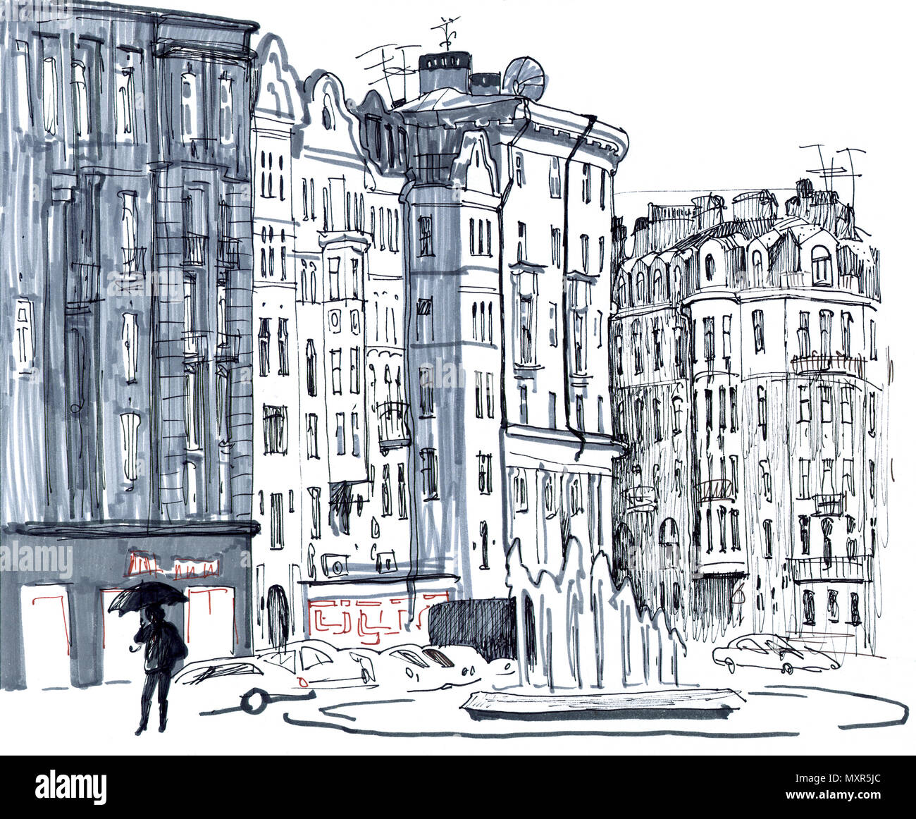 City scene. Sketchy style hand drawn marker pen illustration in shades of gray. Rainy day, old houses, street, fountain, cars, human figure with umbrella. Saint Petersburg, Russia. Stock Photo