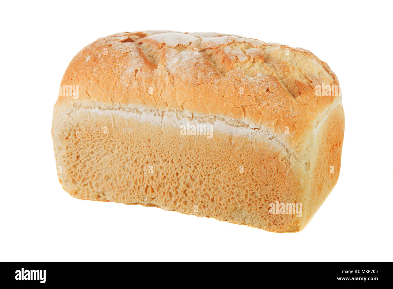 Close-up of crusty white farmhouse bread isolated on a white background Stock Photo