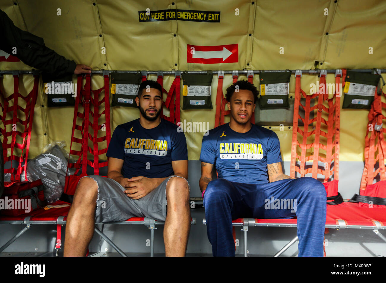 University of California, Berkeley basketball players sit inside of a KC-135 Stratotanker during a static-display demonstration at Joint Base Pearl Harbor-Hickam, Hawaii, Dec. 5, 2016. The basketball team is in Hawaii to play in the Fox Sports Pearl Harbor Invitational Dec. 6 - 7 at Bloch Arena on Joint Base Pearl Harbor-Hickam. Dec. 7, 2016, marks the 75th anniversary of the attacks on Pearl Harbor and Oahu. The U.S. military and the State of Hawaii are hosting a series of remembrance events to honor the courage and sacrifices of Pacific Theater veterans. (U.S. Marine Corps photo by Cpl. Wesl Stock Photo