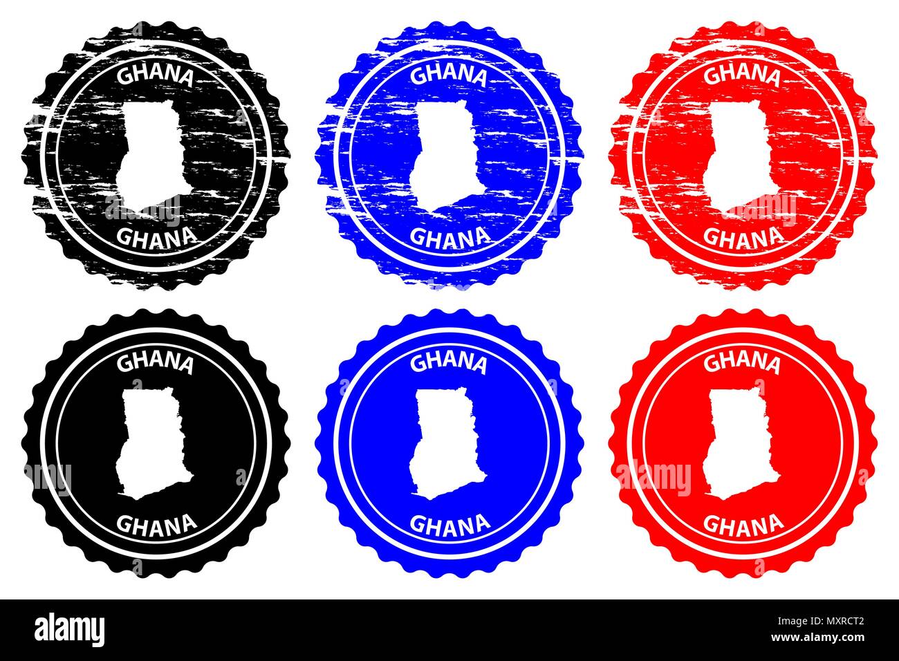 Ghana - rubber stamp - vector, Republic of Ghana map pattern - sticker - black, blue and red Stock Vector