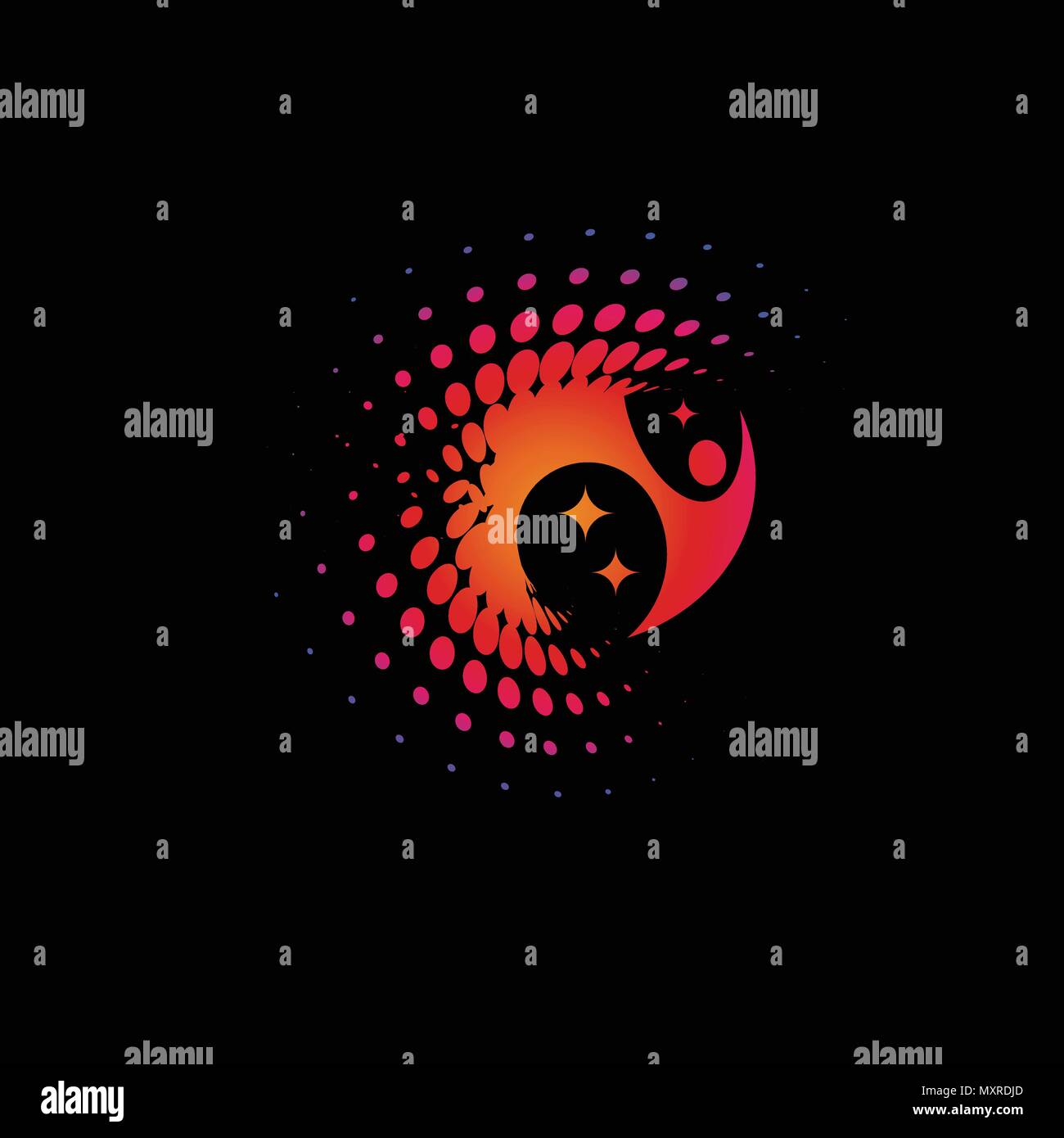Championship abstract circles shape, leadership, people power, football cup, pink and red color stylish vector abstract isolated unusual logotype on black background. Stock Vector
