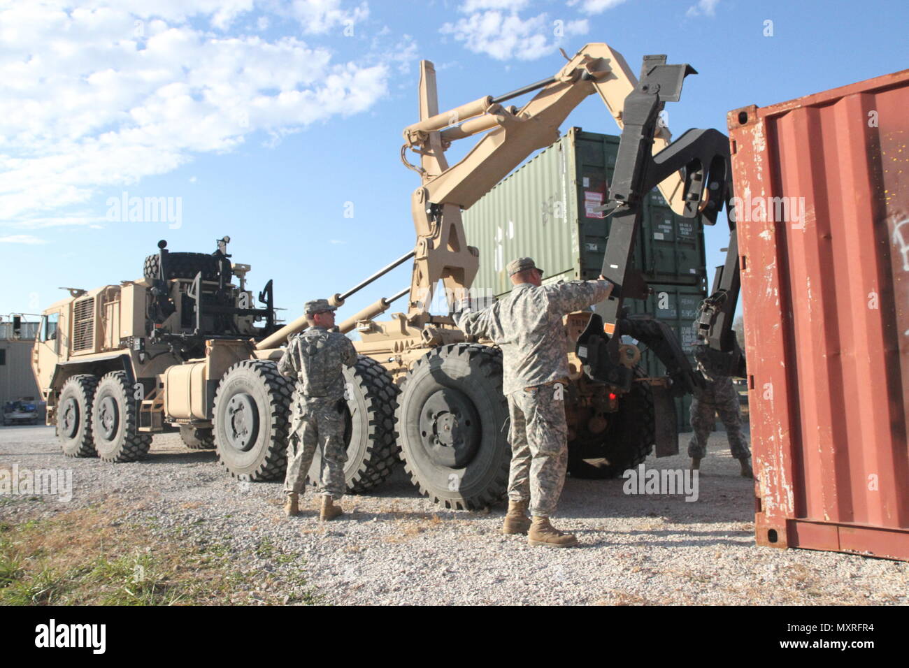 More than 80 Soldiers from the 452nd Ordnance Company received important training at Crane Army Ammunition Activity Nov. 5-19, 2016, which directly related to the missions specific skills needed for when they deploy. Training at Crane covered the full spectrum of ammunition duties to include inventory, surveillance, and blocking and bracing. Soldiers practice using a palletized loading system (PLS) to load CONNEXs on military vehicles. Stock Photo