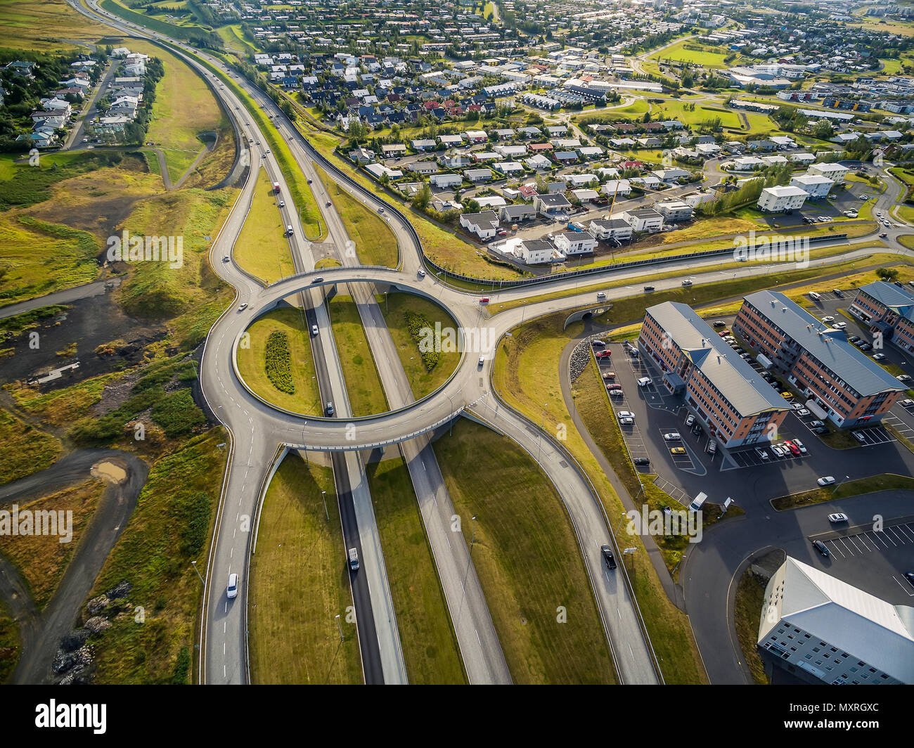 Aerial view of traffic circle and roads, Reykjavik area, Iceland Stock Photo