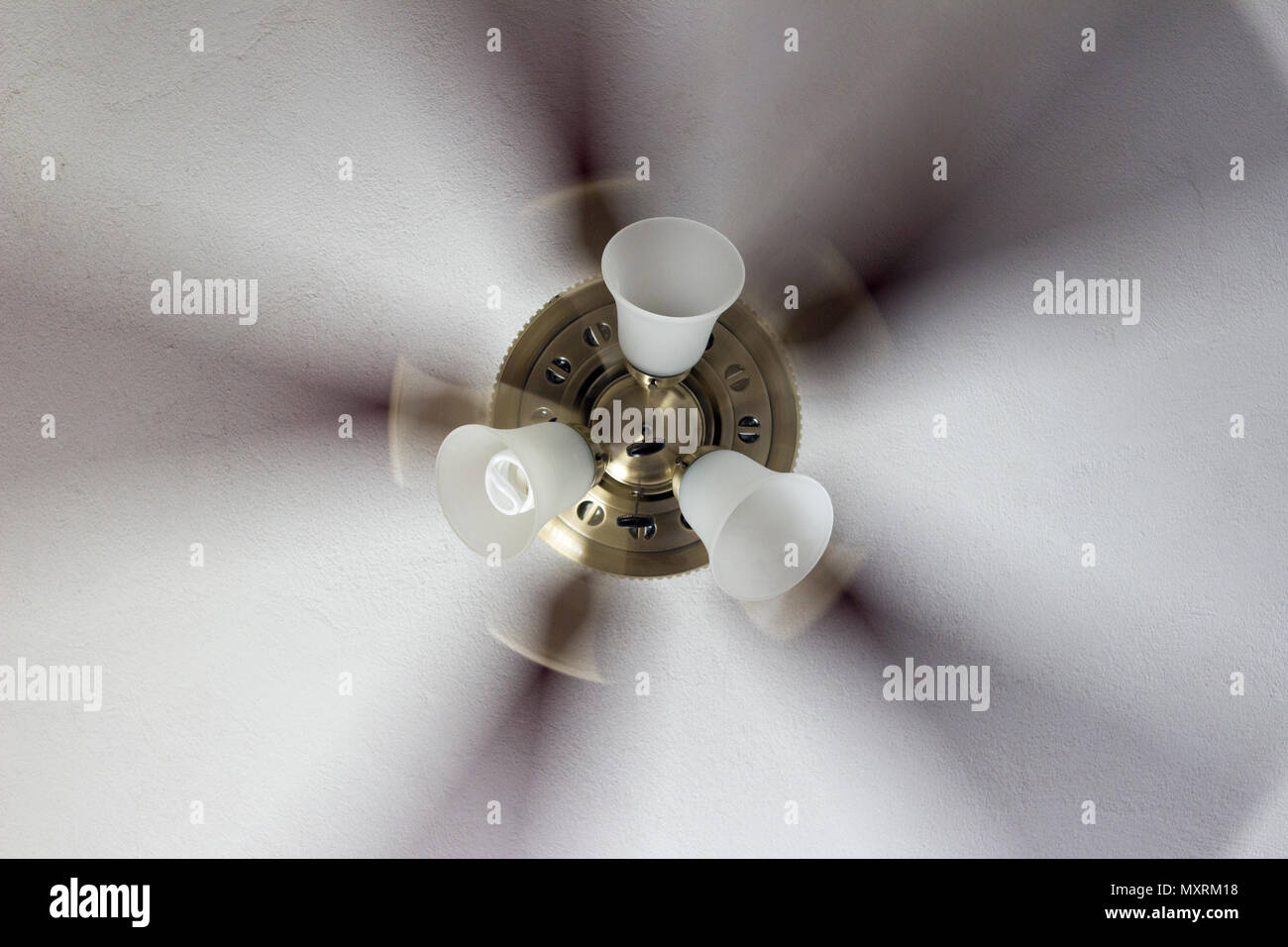 Classic polished brass ceiling fan with light in motion. Stock Photo