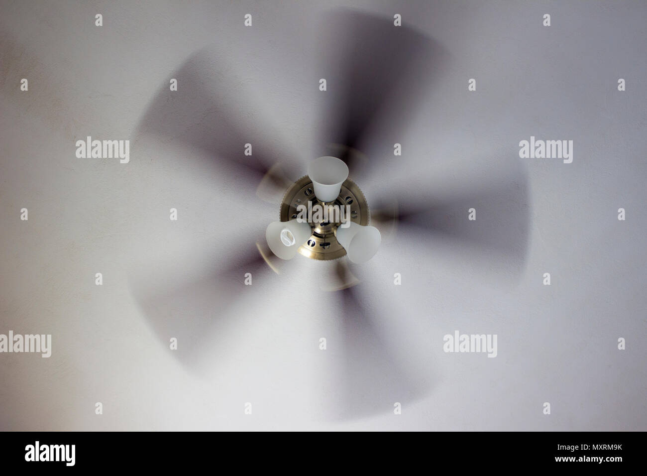 Classic polished brass ceiling fan with light in motion. Stock Photo