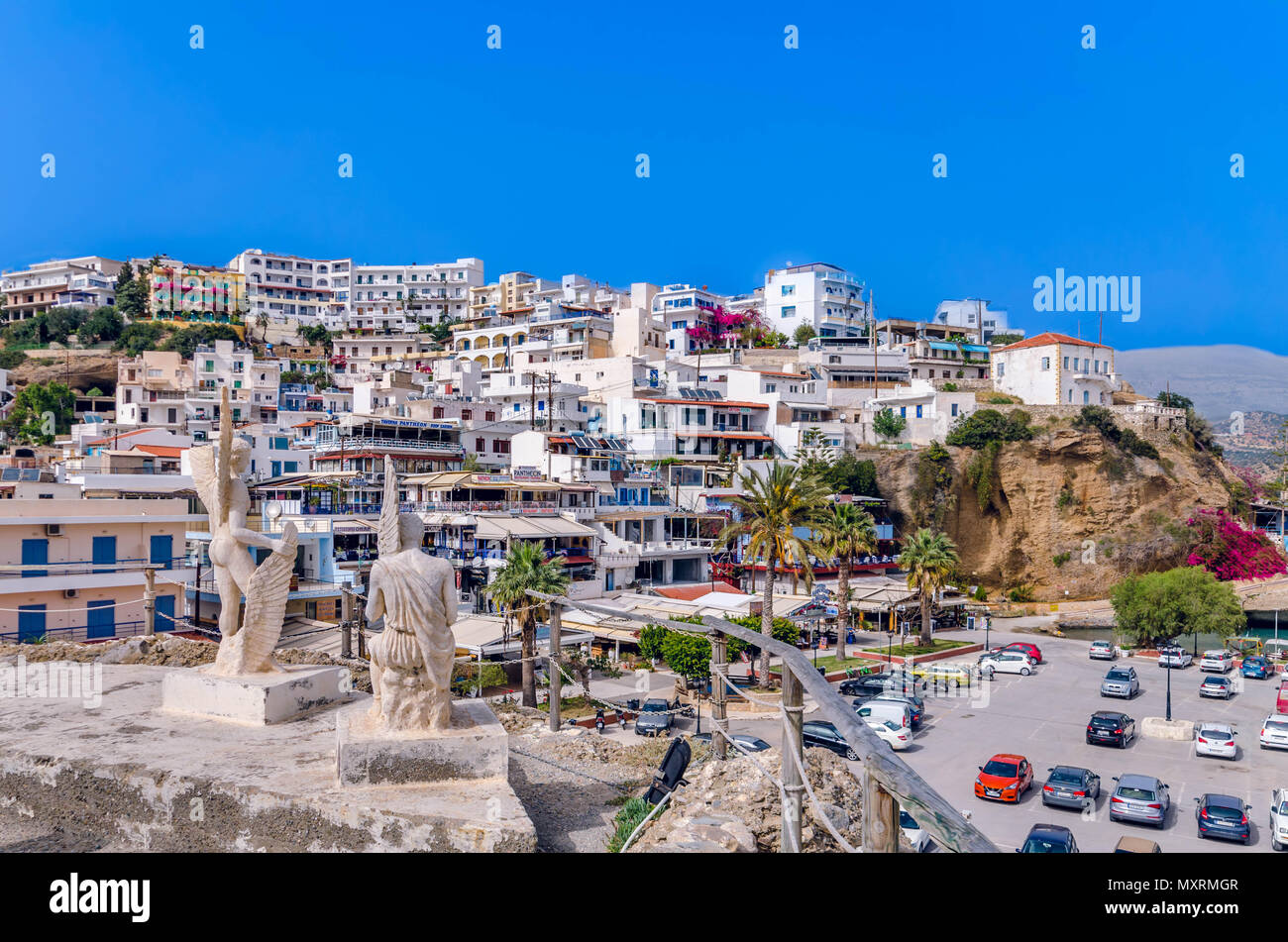 Agia Galini Crete -the popular seaside resort built on the slopes of a high mountain,overlooking the endless Libyan sea. Stock Photo