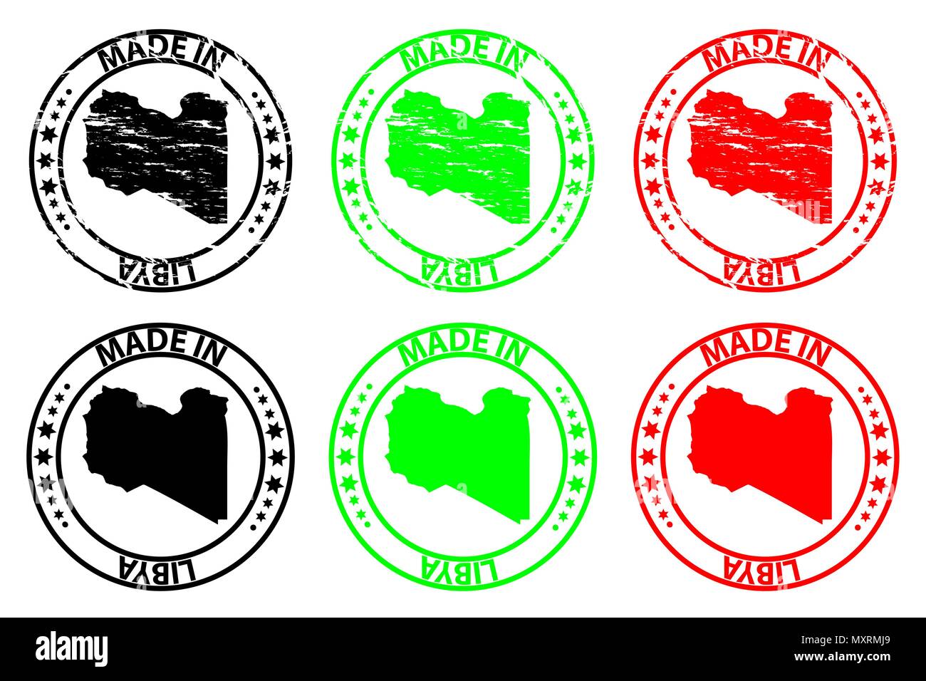 Made in Libya - rubber stamp - vector, Libya map pattern - black, green and red Stock Vector