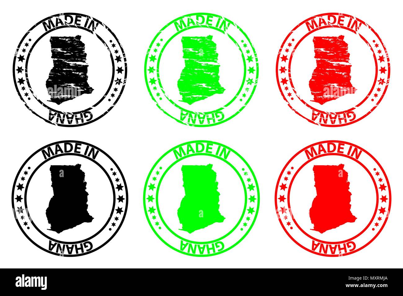 Made in Ghana - rubber stamp - vector, Ghana map pattern - black, green and red Stock Vector