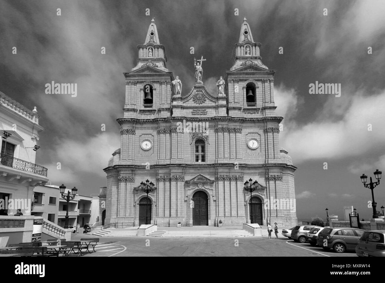 Summer view of the Parish Church of Mellieha town, Malta. Stock Photo