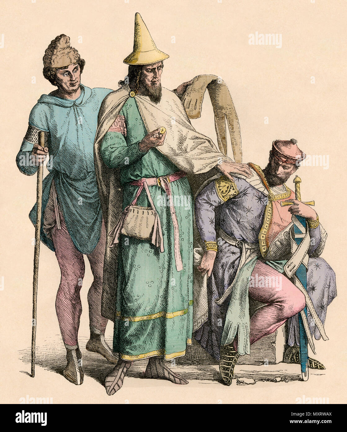 Man with walking stick, a rich Jew, and a knight, 12th century. Hand-colored print Stock Photo