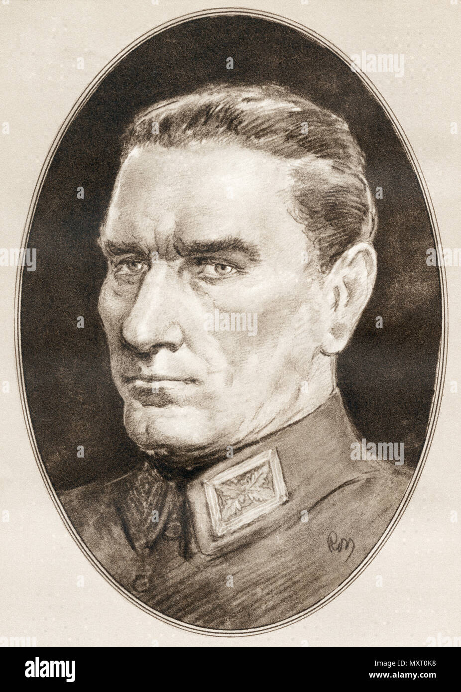 Mustafa Kemal Atatürk, 1881 - 1938. Turkish army officer, revolutionary, founder of the Republic of Turkey, and its first President.   Illustration by Gordon Ross, American artist and illustrator (1873-1946), from Living Biographies of Famous Men. Stock Photo