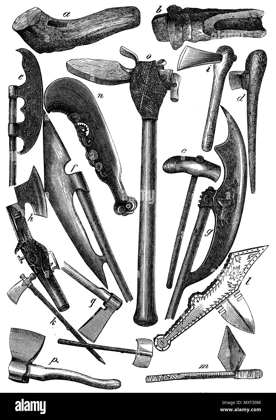 Axes of different times and peoples. a) stag horn ax, b) stone ax, c) cleaver, d) holm ax from the age of stilt houses, e) stone ax Schamyl's, f, g, h) Old Russian battle ax (from Tsarskoe Selo), i, k, l, m) Indian battle-axes , n, o) strike texts of the South Sea Islanders, p, q) German carpenter axes from the present,   1874 Stock Photo