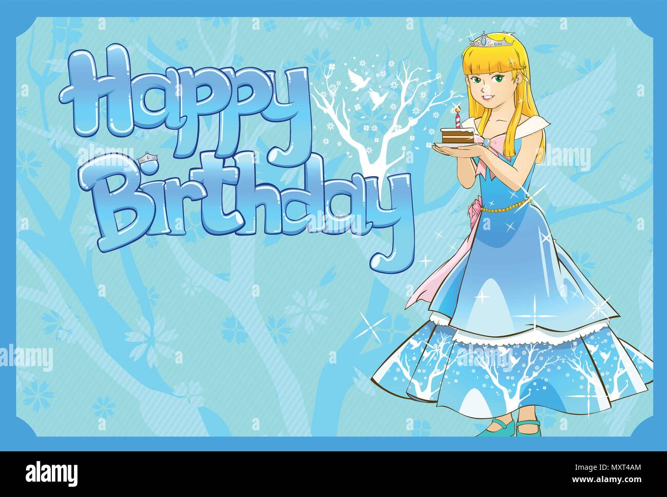a vector illustration of princess holding a slice of birthday cake Stock Vector