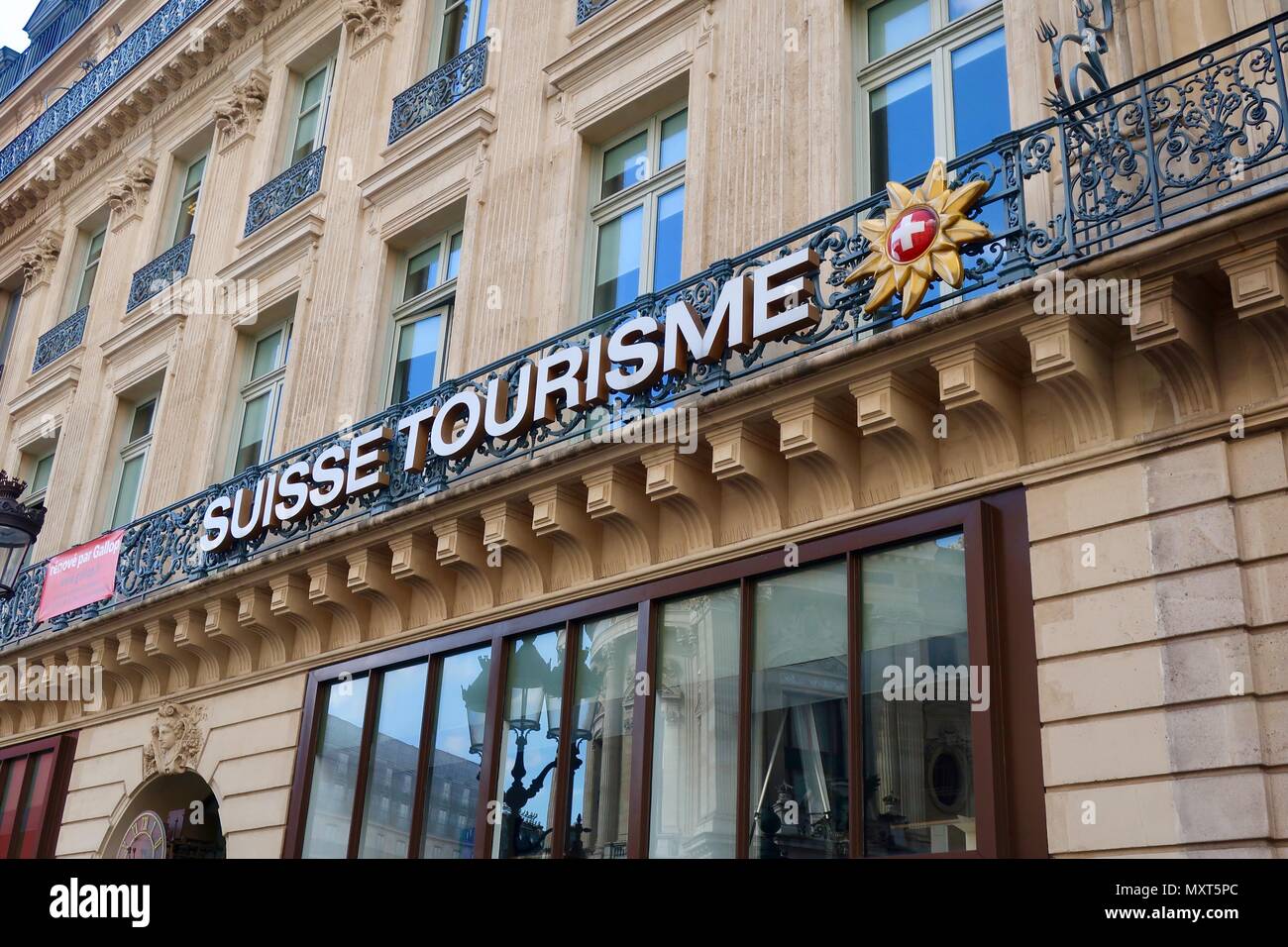 Paris, France. Hot bright sunny spring day, May 2018. Suisse Tourisme offices in central Paris. Stock Photo