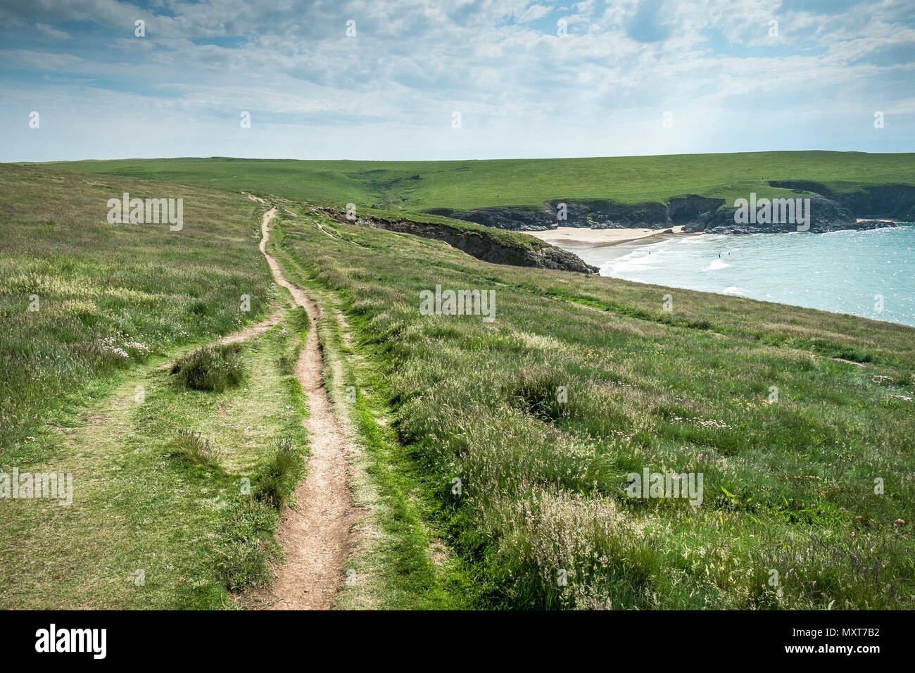 The South West Coast Path on West Pentire in Newquay in Cornwall. Stock Photo