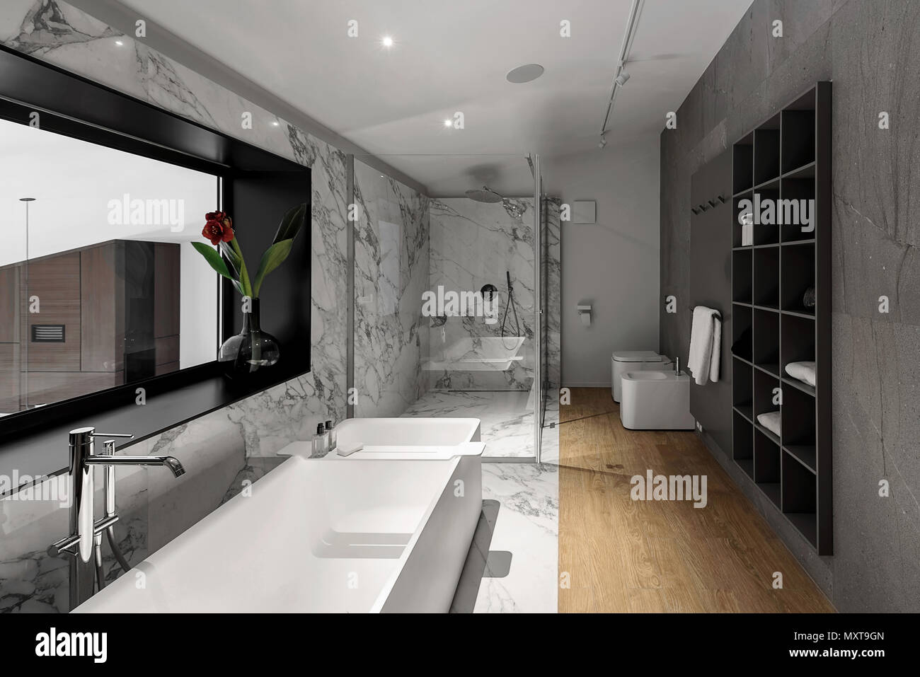 Trendy Modern Bathroom With White And Tiled Walls There Is A