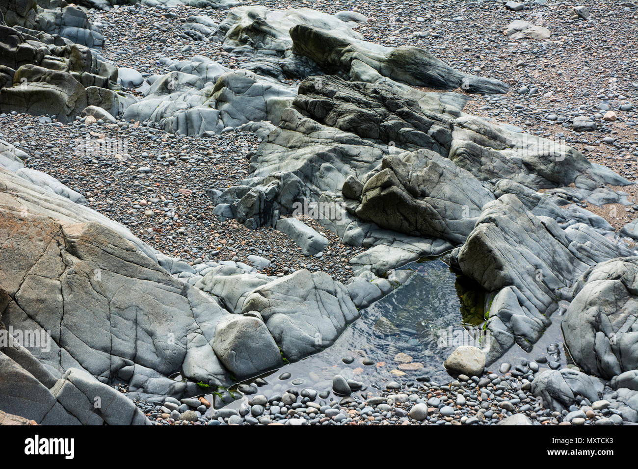Rocks and pebbles line the coast line of the ocean in Marblehead, MA. Stock Photo
