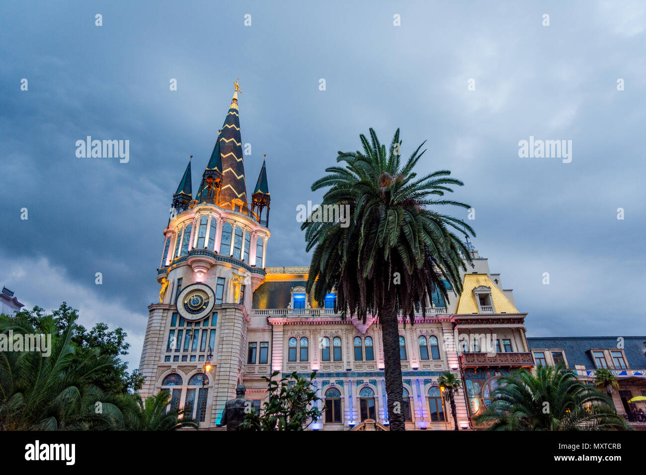 Batumi, Georgia - August 25, 2017: Astronomical clock tower, on the restored facade of the former National Bank building in Europe park Stock Photo