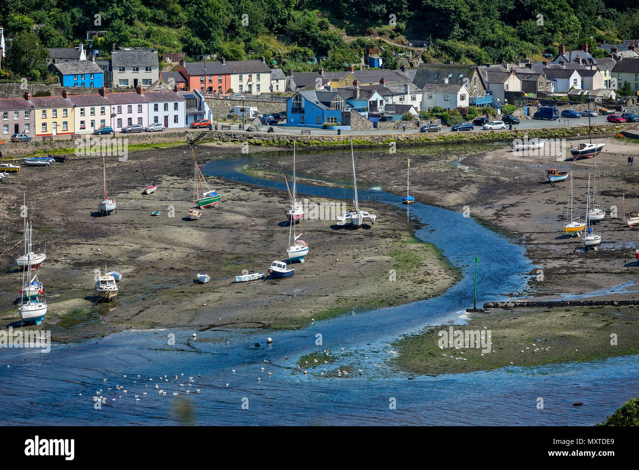 Aerial view of Fishguard Harbour  and estuary talen in Fishguard, Pemrokeshire, UK on 15 July 2015 Stock Photo