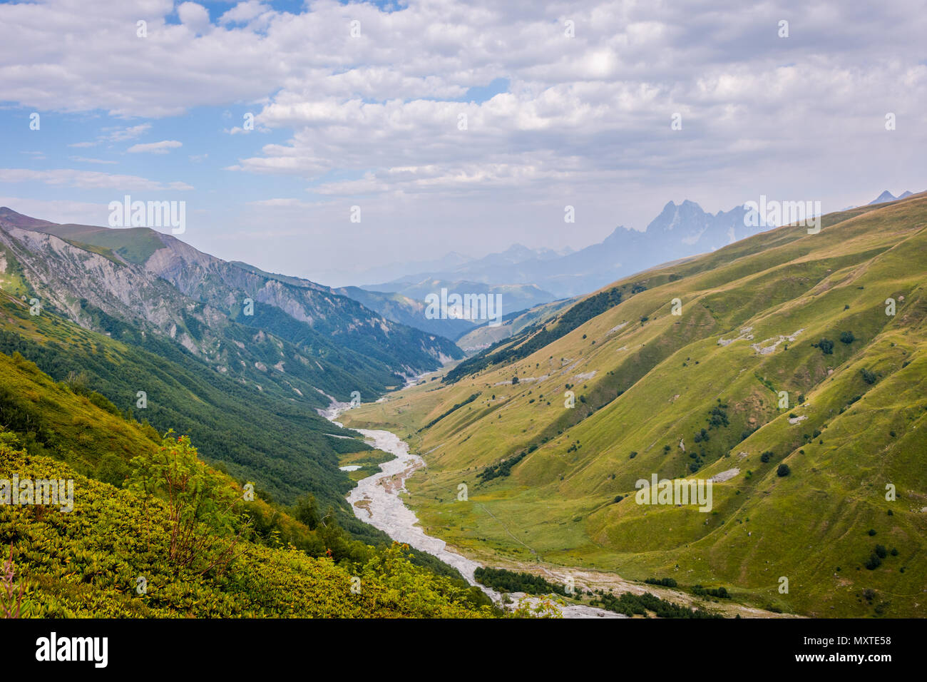 Scenic mountains in Svaneti region in early morning light, Georgia Stock Photo