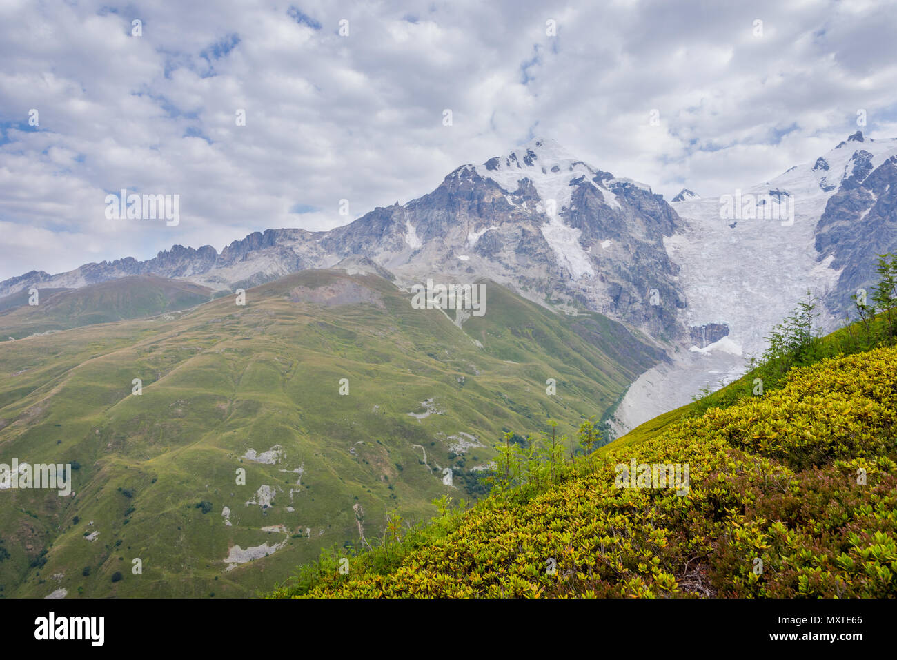 Scenic mountains in Svaneti region in early morning light, Georgia Stock Photo