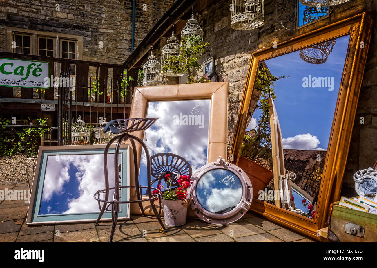 Sky reflected in a collection of framed mirrors taken ion Bradford on Avon, Wiltshire, UK on 25 July 2015 Stock Photo