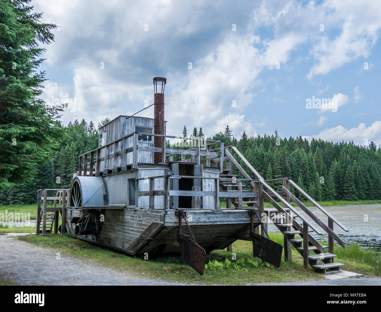 Steam-driven 'alligator' boat, Algonquin Logging Museum, Algonquin Provincial Park, Ontario, Canada. Stock Photo