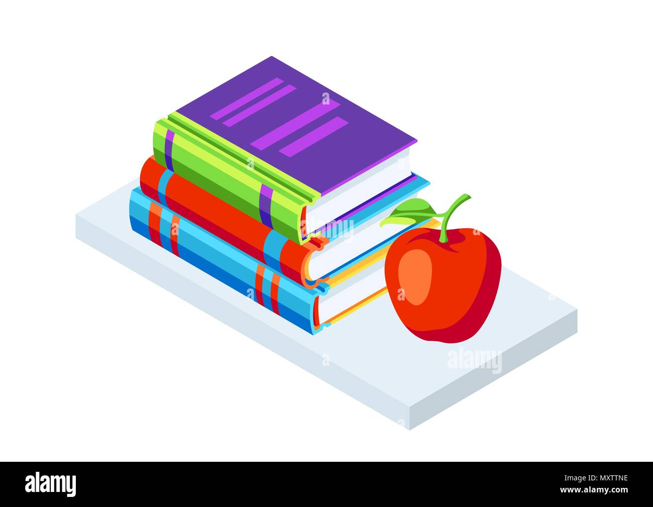 Isometric icon books with apple. Stock Vector