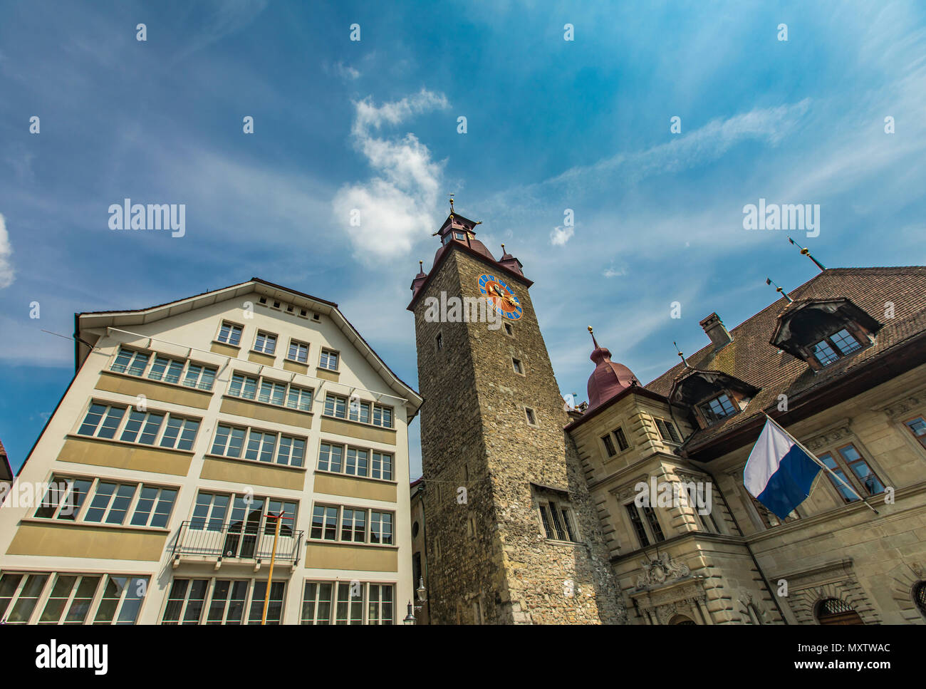 View at Rathaus Clock Tower in Lucerne, Switzerland Stock Photo