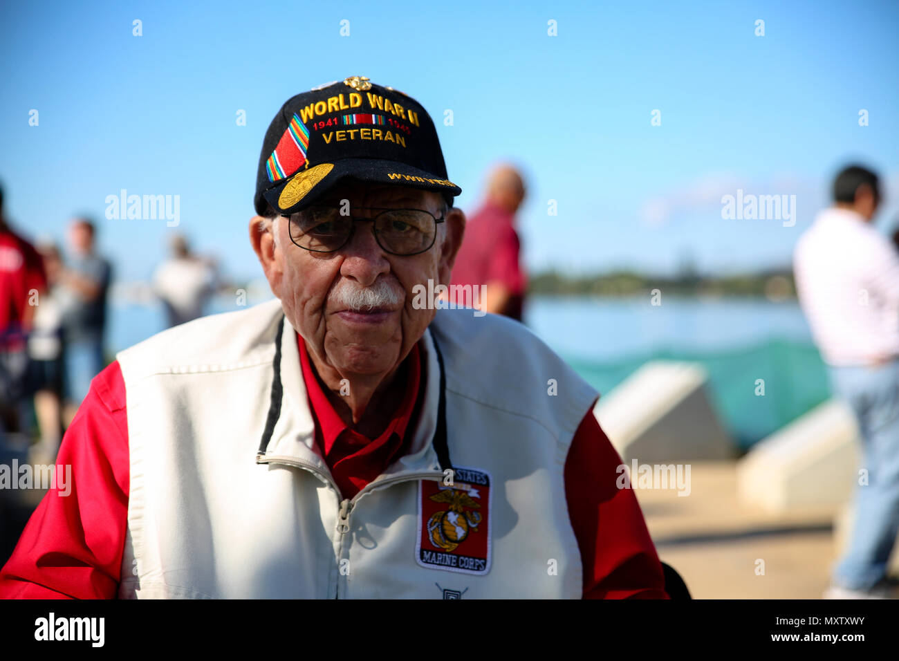 Former U.S. Marine Cpl. Arthur Smith visits the Waterfront Memorial during the Freedom Bell Opening Ceremony and Bell Ringing at USS Bowfin Submarine Museum & Park on Pearl Harbor, Hawaii, Dec. 6, 2016. Smith participated in the invasion of Guam with the 1st Provisional Marine Brigade. Civilians, veterans, and service members came together to remember and pay their respects to those who fought and lost their lives during the attack on Pearl Harbor. (U.S. Marine Corps photo by Lance Cpl. Robert Sweet) Stock Photo