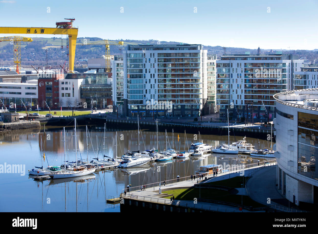 View over Belfast harbour and apartments at Titanic Quarter Stock Photo