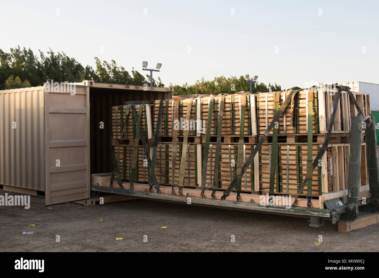 A completed pallet of donated ammunition is ready to enter a shipping