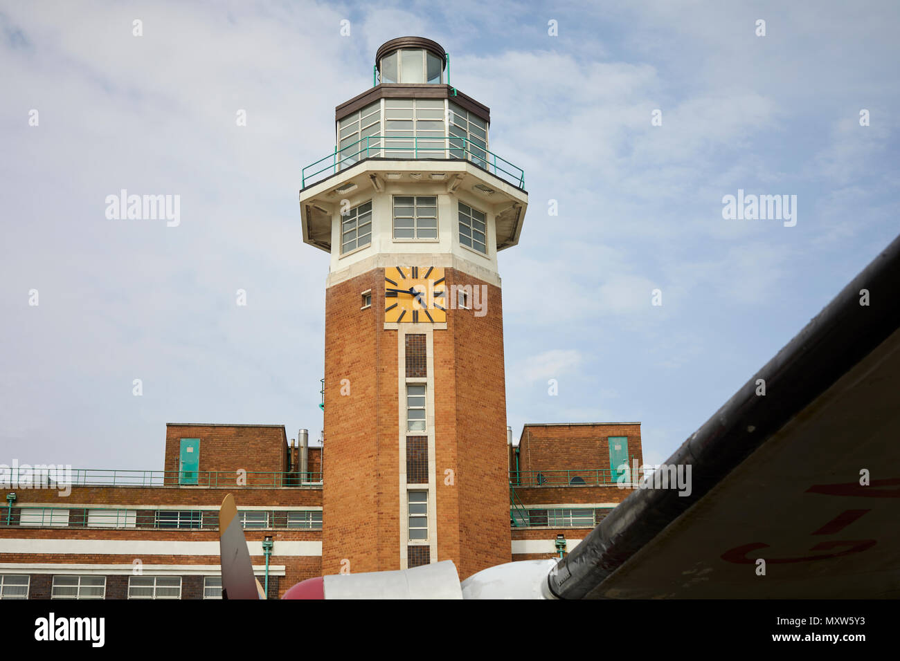 The Crowne Plaza Liverpool John Lennon Airport Hotel, formerly the terminal building of Liverpool Speke Airport, aerodrome art deco control tower Stock Photo