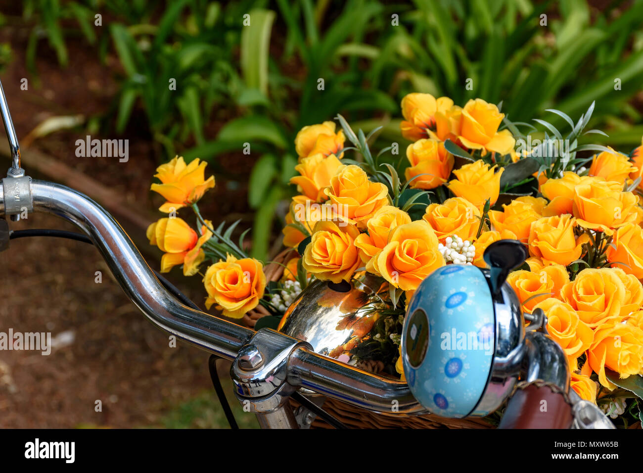 Old bicycle parked in park with yellow artificial flowers in your basket Stock Photo