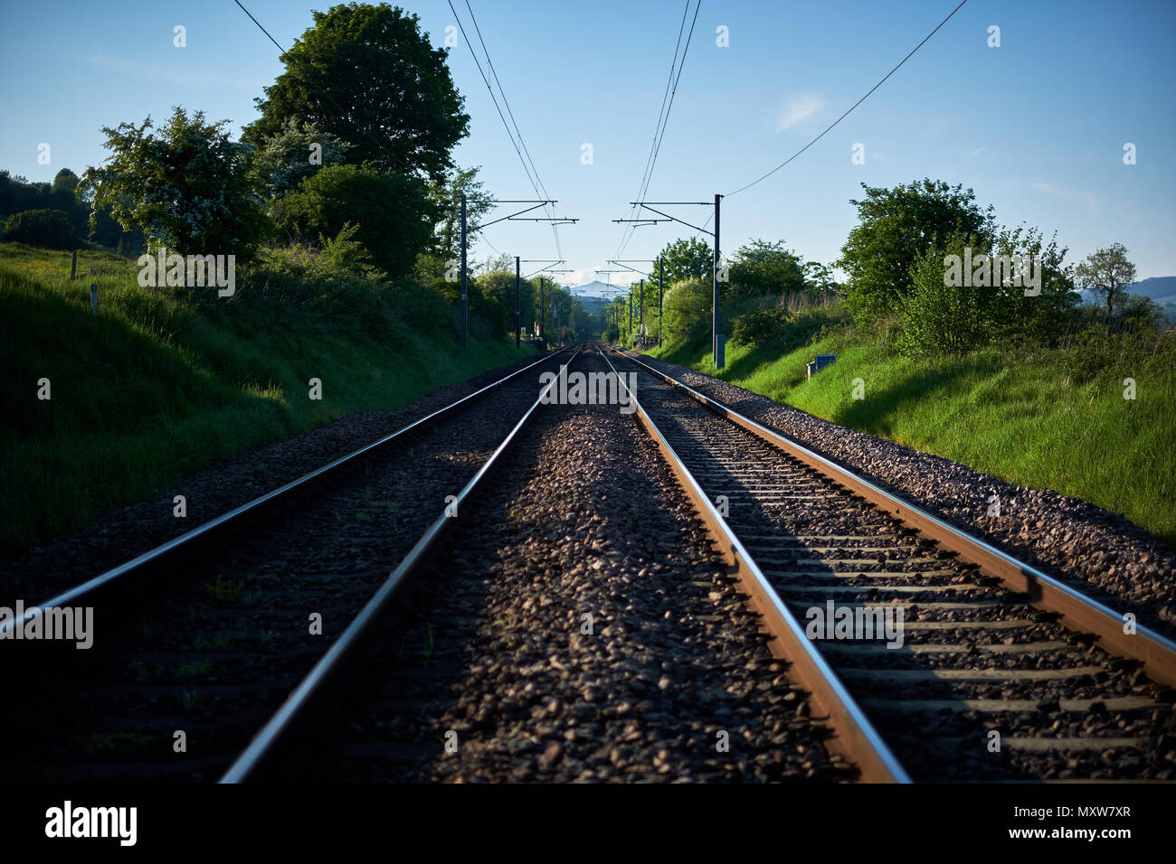 Two train tracks merge in the distance on a clear, sunny day on an electrified line Stock Photo