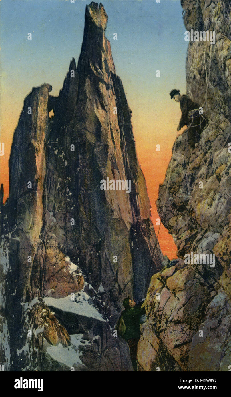 Climbers on steep rocks, postcard, shipped 29.1.1916, Stock Photo