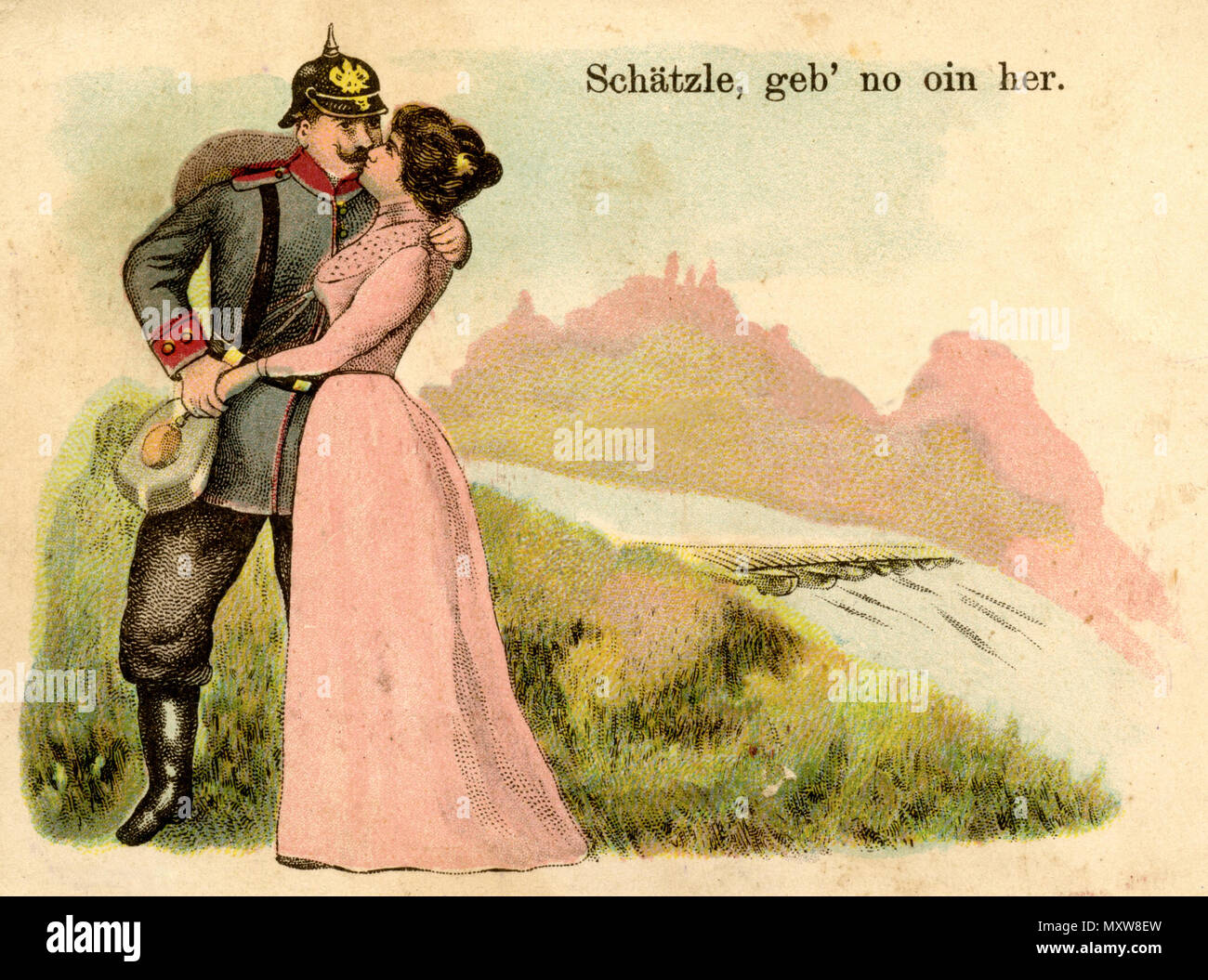 Soldier soldier with pimple hood kisses woman, 'cher, geb' no oin her. ', C. 1900, Stock Photo