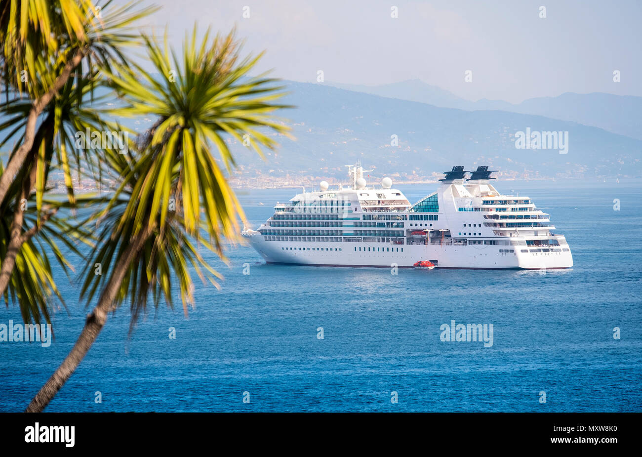 ocean liner cruise ship palms background aerial view transatlantic Stock Photo