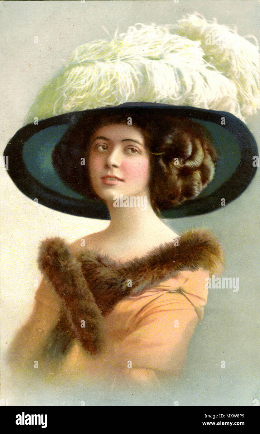 Lady with fur collar and big hat with ostrich feather, Stock Photo