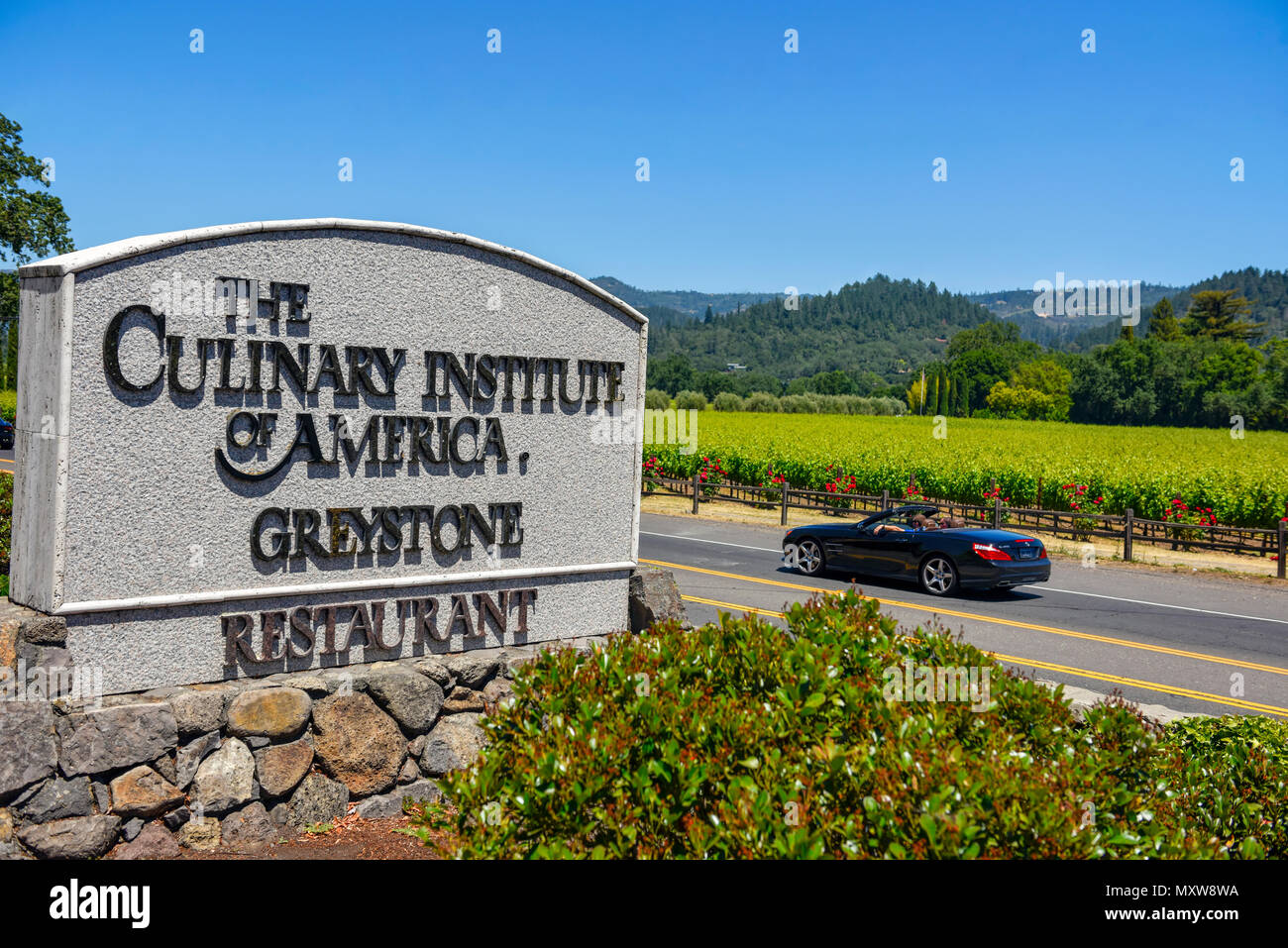 Napa, California - Front sign for the Culinary Institute of America with converible car driving by and vineyard landscape. Stock Photo