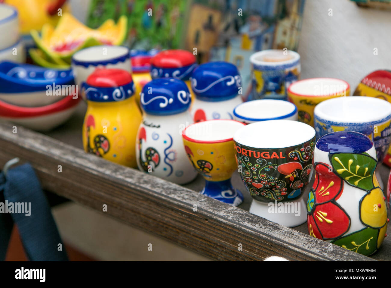 Touristy souvenirs for sale at the streets of Obidos, Portugal Stock