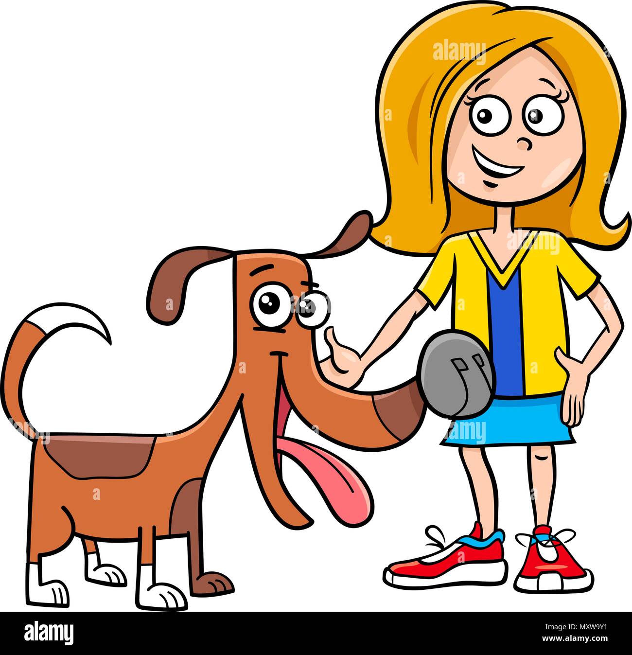 Cartoon Illustration of Kid Girl with Funny Dog or Puppy Stock Vector