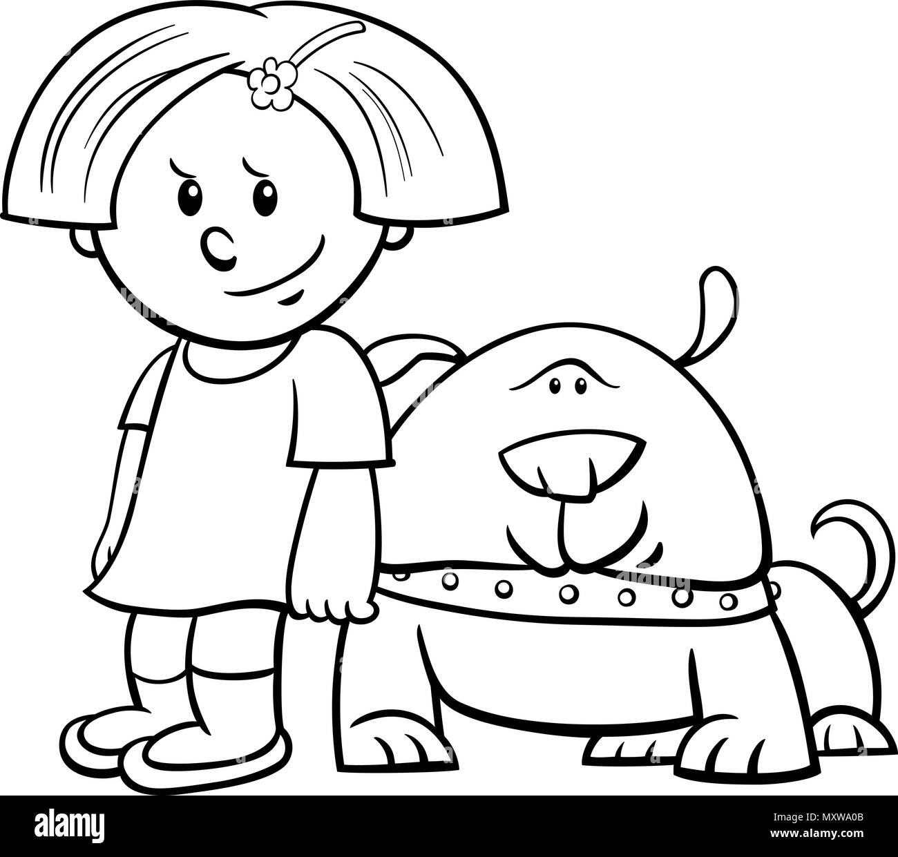 Black and White Cartoon Illustration of Cute Girl with Funny Dog Coloring Book Stock Vector