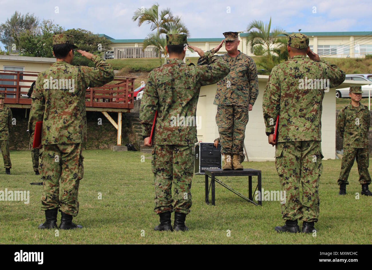U S Marine Corps Col Charles A Western Congratulates Service Members With Japan Ground Self Defense Force S Western Army Dec 12 16 At Camp Courtney Okinawa Japan For Their Efforts During Exercise Yama Sakura