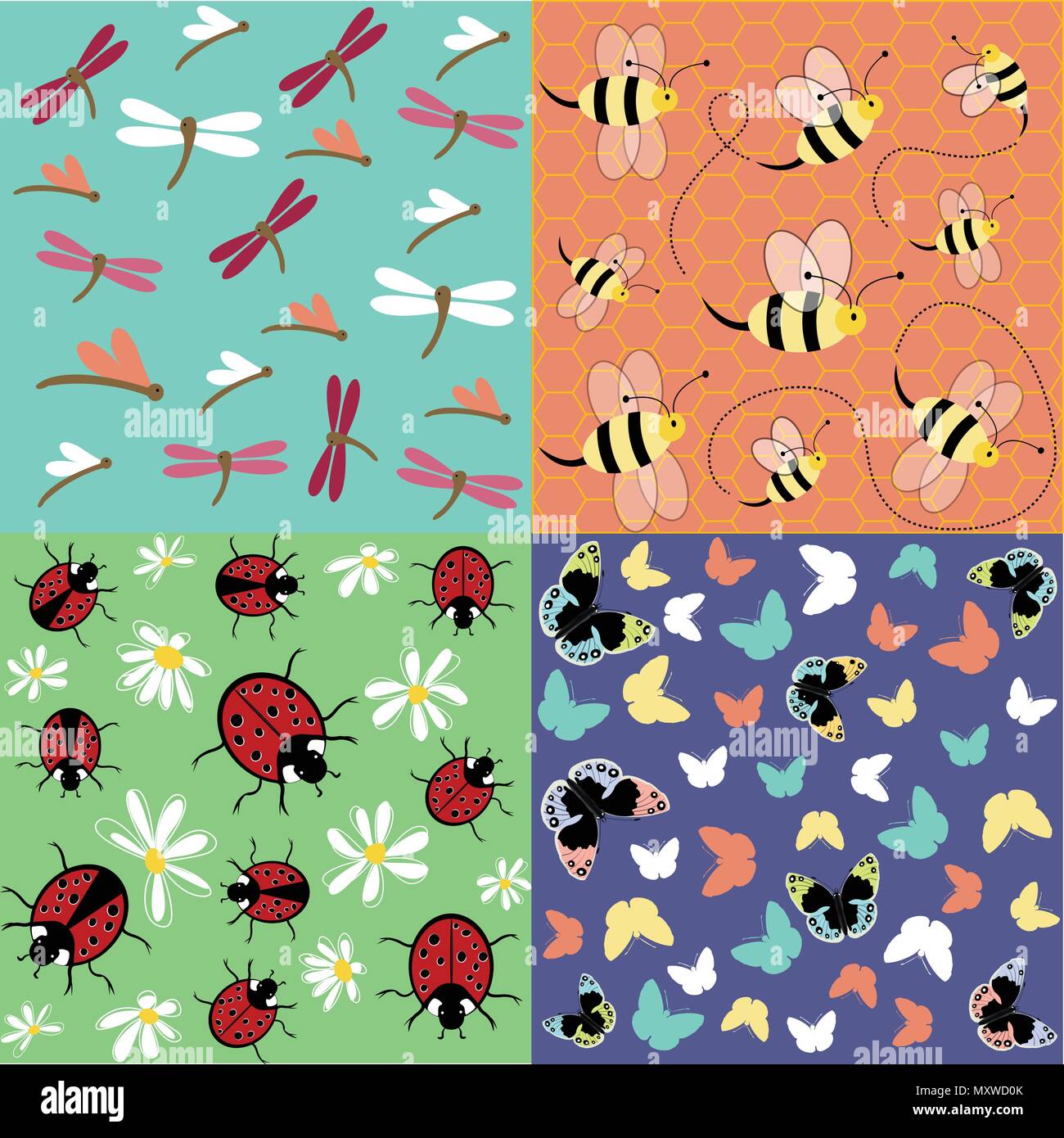 Insects seamless pattern set Stock Vector