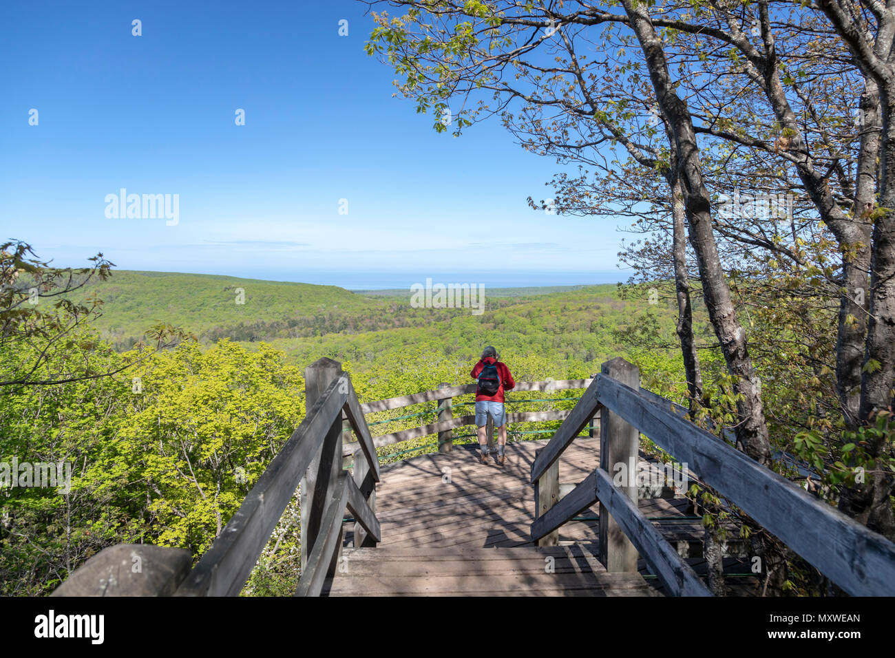 Ontonagon, Michigan - An observation platform on Summit Peak, the highest point in Porcupine Mountains Wilderness State Park. Lake Superior is in the  Stock Photo