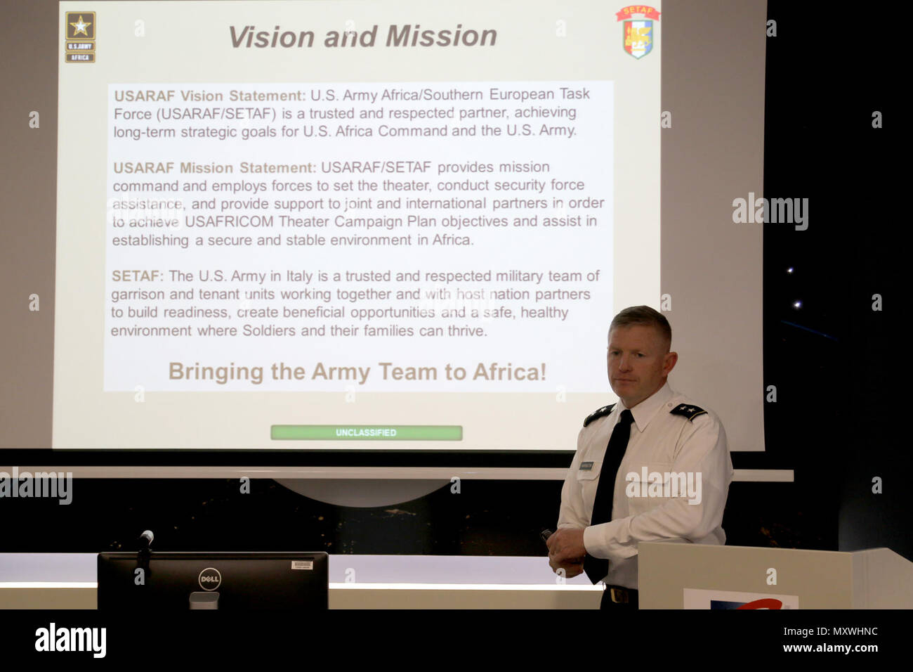 U.S. Army Africa commanding general, Maj. Gen. Joseph P. Harrington met with consulate generals from various African and European countries based in Italy Nov. 30, 2016 to discuss the role of USARAF on the African Continent and the continued friendship with Italy.  The meeting, hosted by Consulate General Milan Philip Reeker, was designed to give a better insight of USARAF missions to key African partners and European allies within the U.S. Consulate Milan Region.(U.S. Army photograph by Sgt. 1st Class Chris Bridson, U.S. Army Africa Public Affairs.) Stock Photo