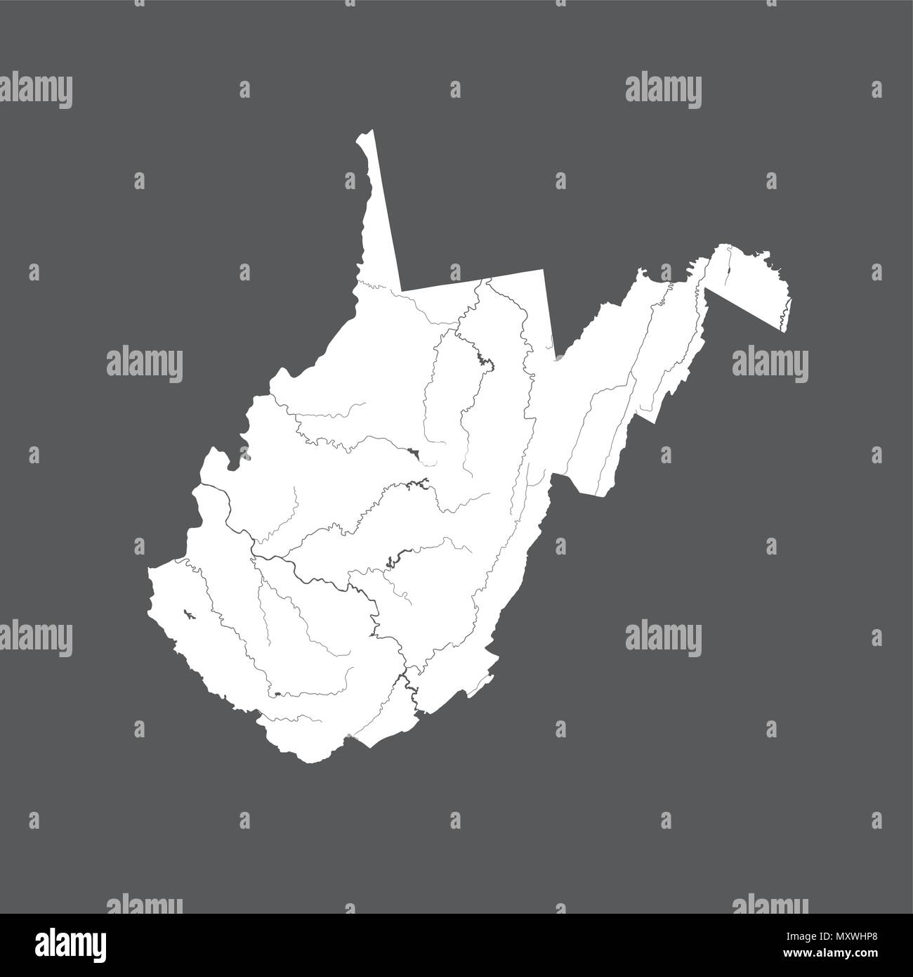 U.S. states map of West Virginia. Hand made. Rivers and lakes are