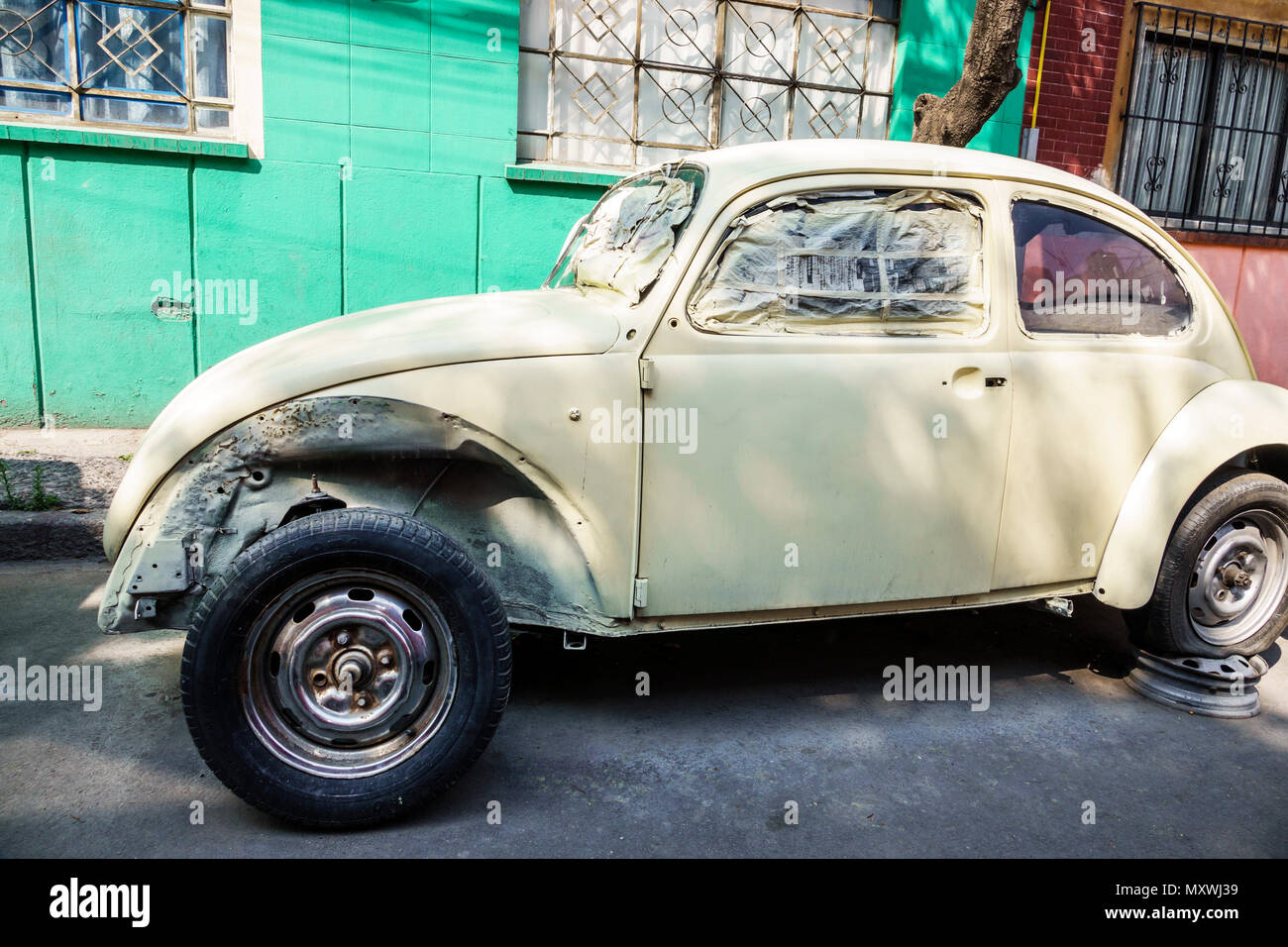 Mexico City,Hispanic Latin Latino ethnic,Mexican,Buenavista,neighborhood,Volkswagen Beetle bug,car cars,restoration,new Stock Photo