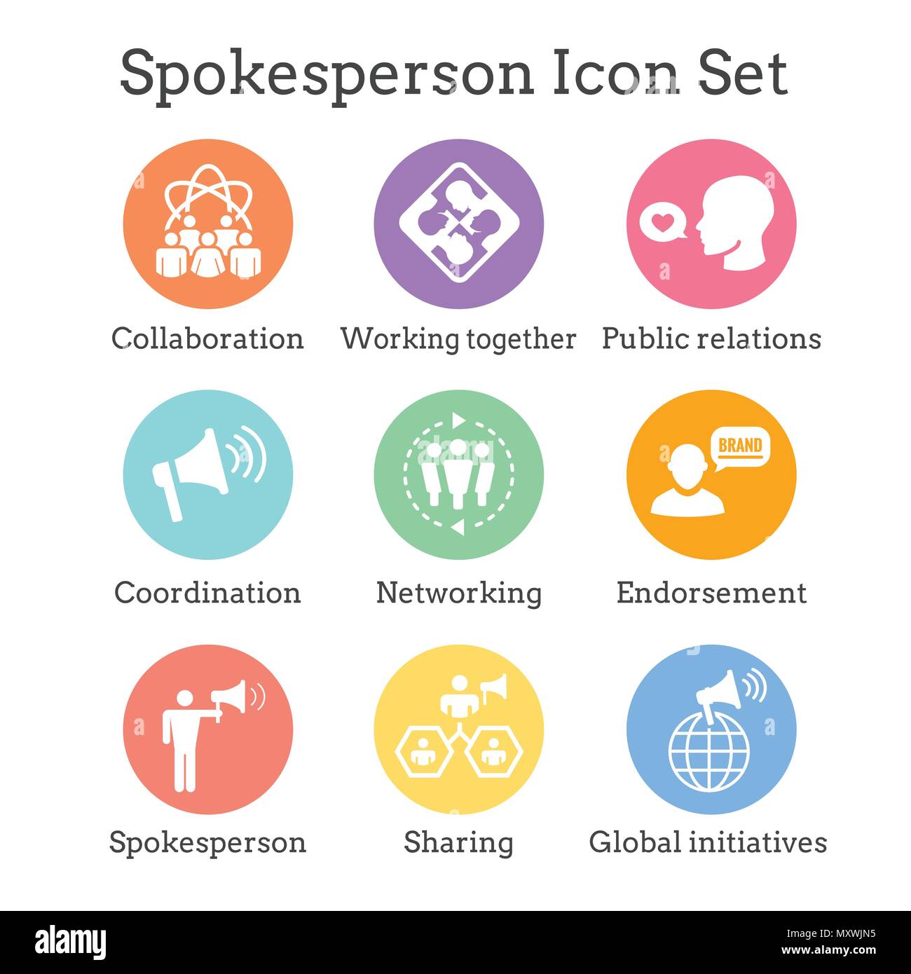 Spokesperson icon set w bullhorn, coordination, pr, public relations person set Stock Vector